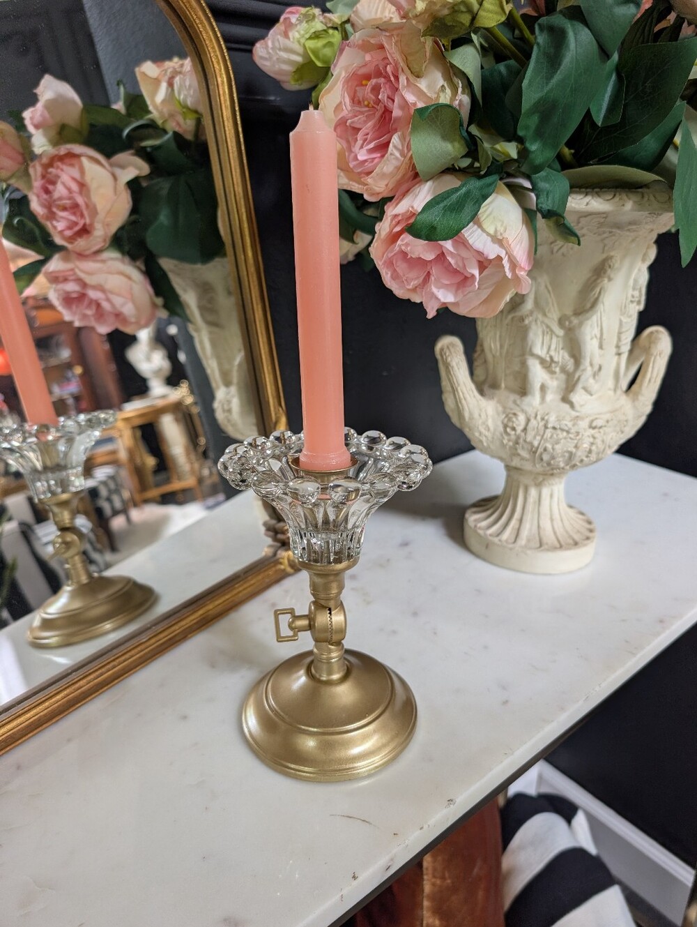 Vintage Gold Metal Glass Home Interiors, 2-in-1, tapered candle holder/sconce 7"